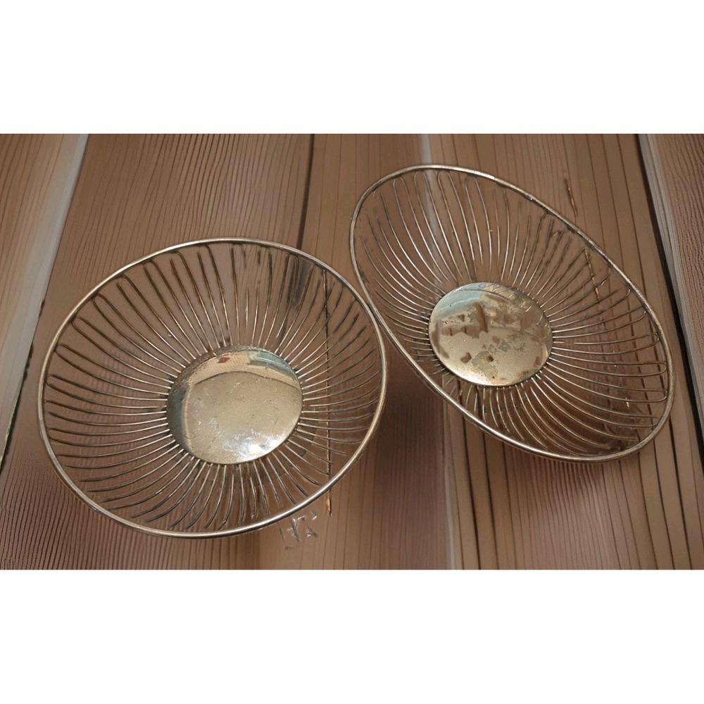 Pair of Silverplate Wire Bowl Basket Pedestal Footed Base Round & Oval 9" VTG